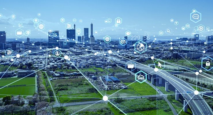 image of a city and glowing lines across it symbolising the digital hotspots