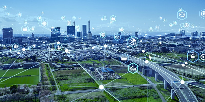 image of a city and glowing lines across it symbolising the digital hotspots