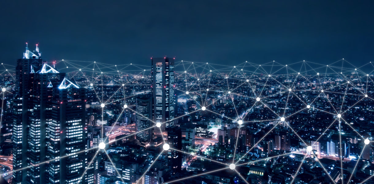 Telecommunication,Network,Above,City,,Wireless,Mobile,Internet,Technology,For,Smart