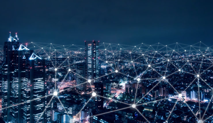 Telecommunication,Network,Above,City,,Wireless,Mobile,Internet,Technology,For,Smart