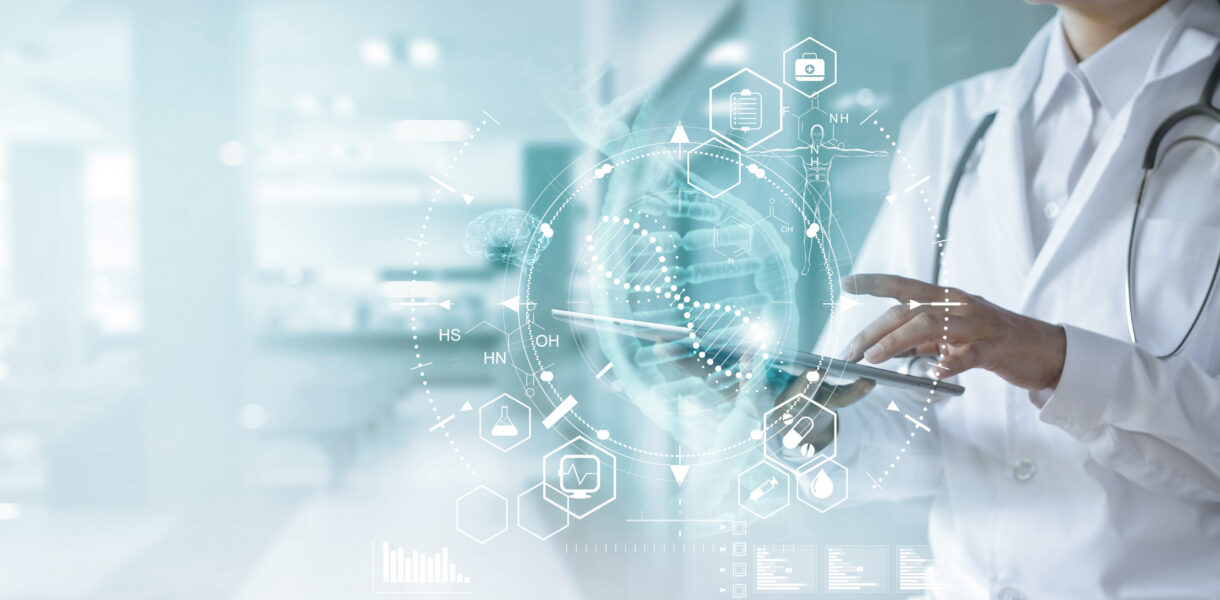 Medicine,Doctor,Touching,Electronic,Medical,Record,On,Tablet.,Dna.,Digital