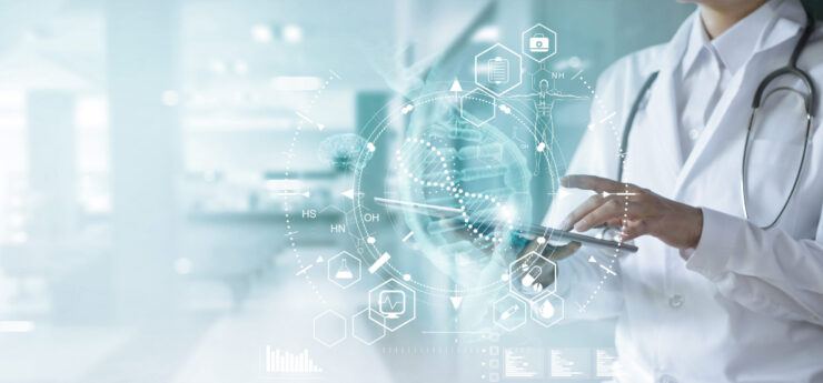 Medicine,Doctor,Touching,Electronic,Medical,Record,On,Tablet.,Dna.,Digital