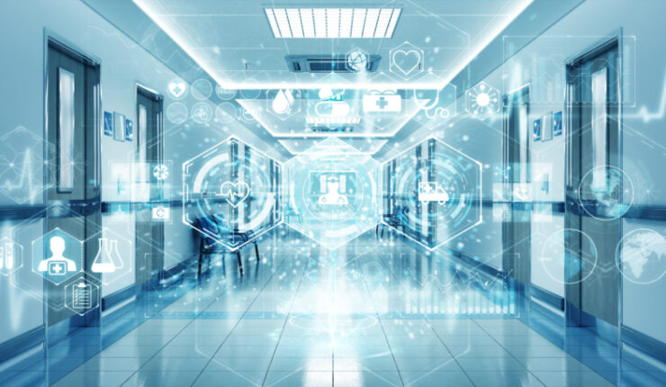 Long,Hospital,Blue,Corridor,With,Digital,Medical,Infographics,And,Charts