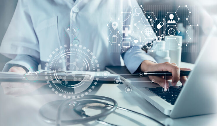 Double,Exposure,Of,Doctor,Hands,Woking,On,Technological,Digital,Futuristic