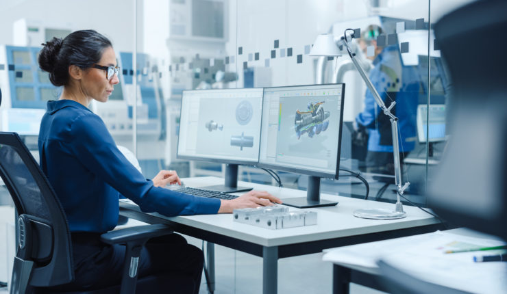 Female,Industrial,Engineer,Solving,Problems,,Working,On,A,Personal,Computer,