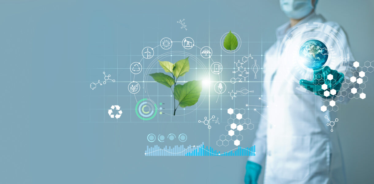 Scientists,Touching,Blue,Earth,And,Researching,Renewable,Energy,With,Plant