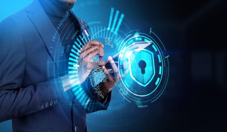 Black,Businessman,Working,With,Smartphone,,Earth,Hologram,Virtual,Hud,With